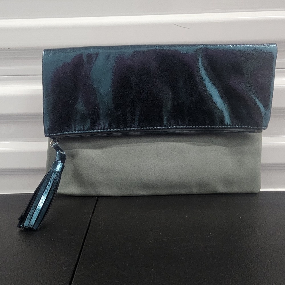 Lord & Taylor Elegant Metsllic Blue and Gray Fold Over Clutch Bag